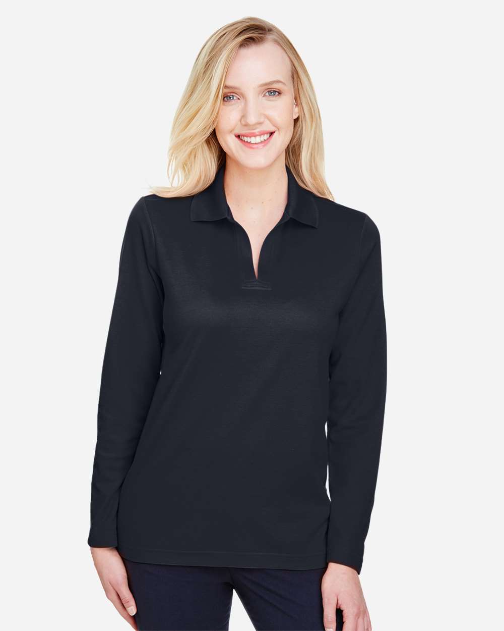 Devon & Jones DG20LW Women’s CrownLux Performance® Plaited Long Sleeve Polo — Black