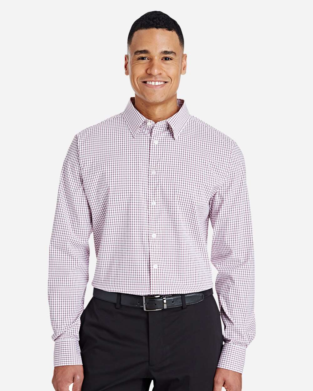 Devon & Jones DG540 Men’s CrownLux Performance® Micro Windowpane Woven Dress Shirt — Burgundy/ White