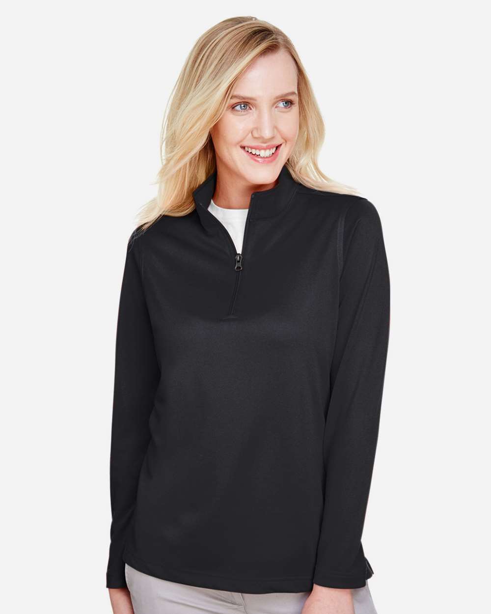 Harriton M748W Women’s Advantage Snag Protection Plus Quarter-Zip Pullover — Black