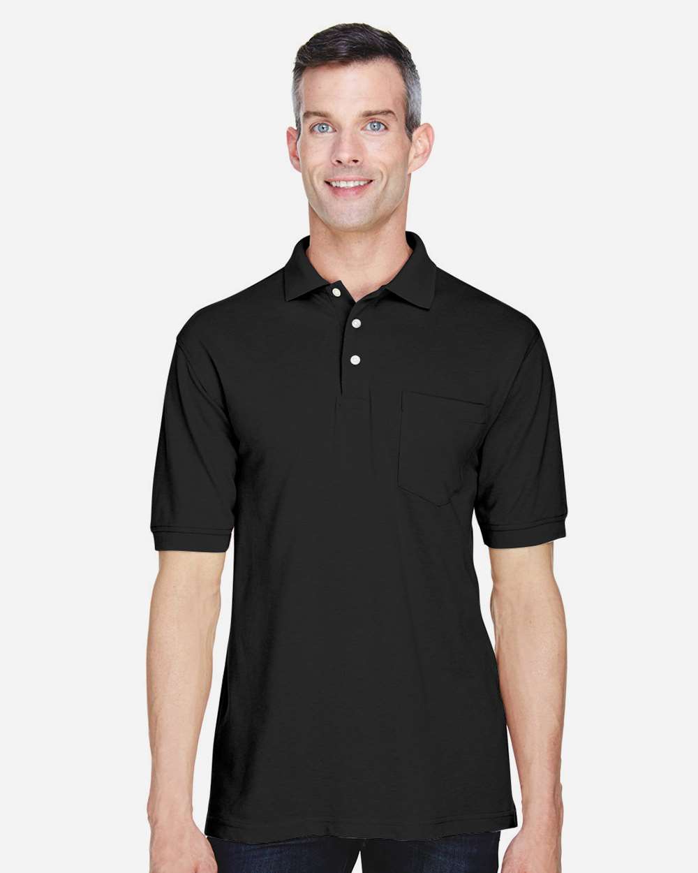 Harriton M265P Men’s Easy Blend™ Polo with Pocket — Black