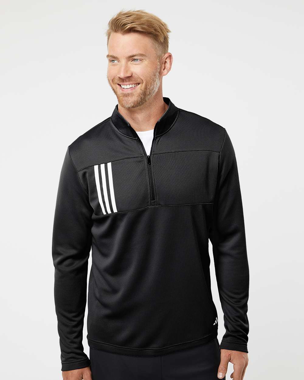 Adidas A482 Men’s 3-Stripes Double-Knit Quarter-Zip Pullover — Black/ Grey Two
