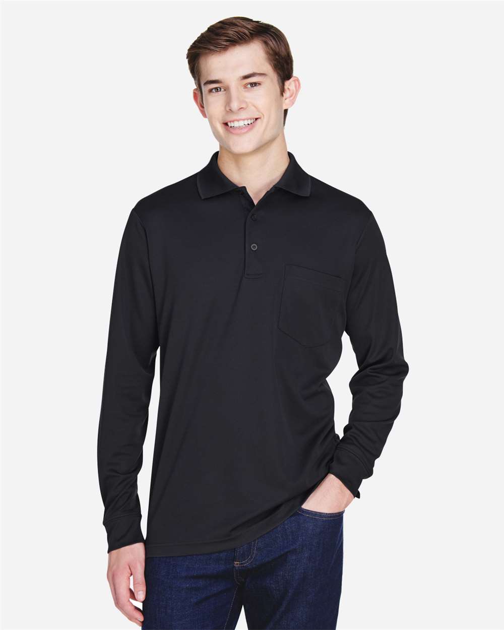 CORE365 88192P Men’s Pinnacle Performance Long Sleeve Piqué Polo with Pocket — Black