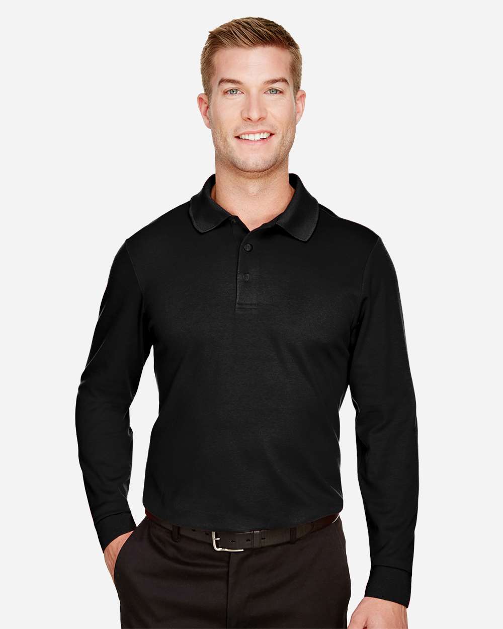 Devon & Jones DG20LT Men’s Tall CrownLux Performance® Plaited Long Sleeve Polo — Black