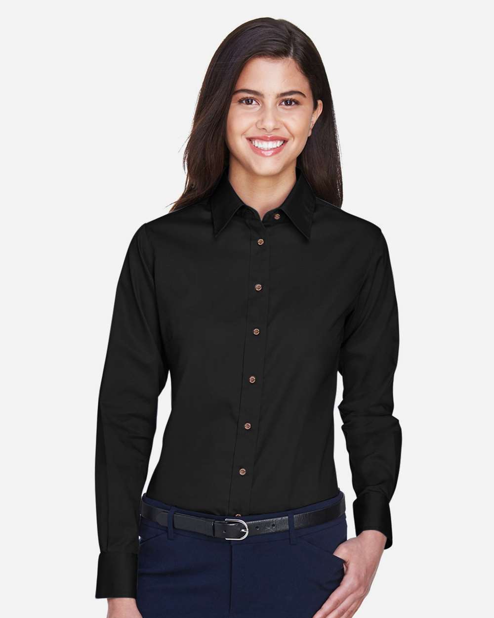 Harriton M500W Women’s Easy Blend™ Long Sleeve Twill Dress Shirt with Stain-Release — Black