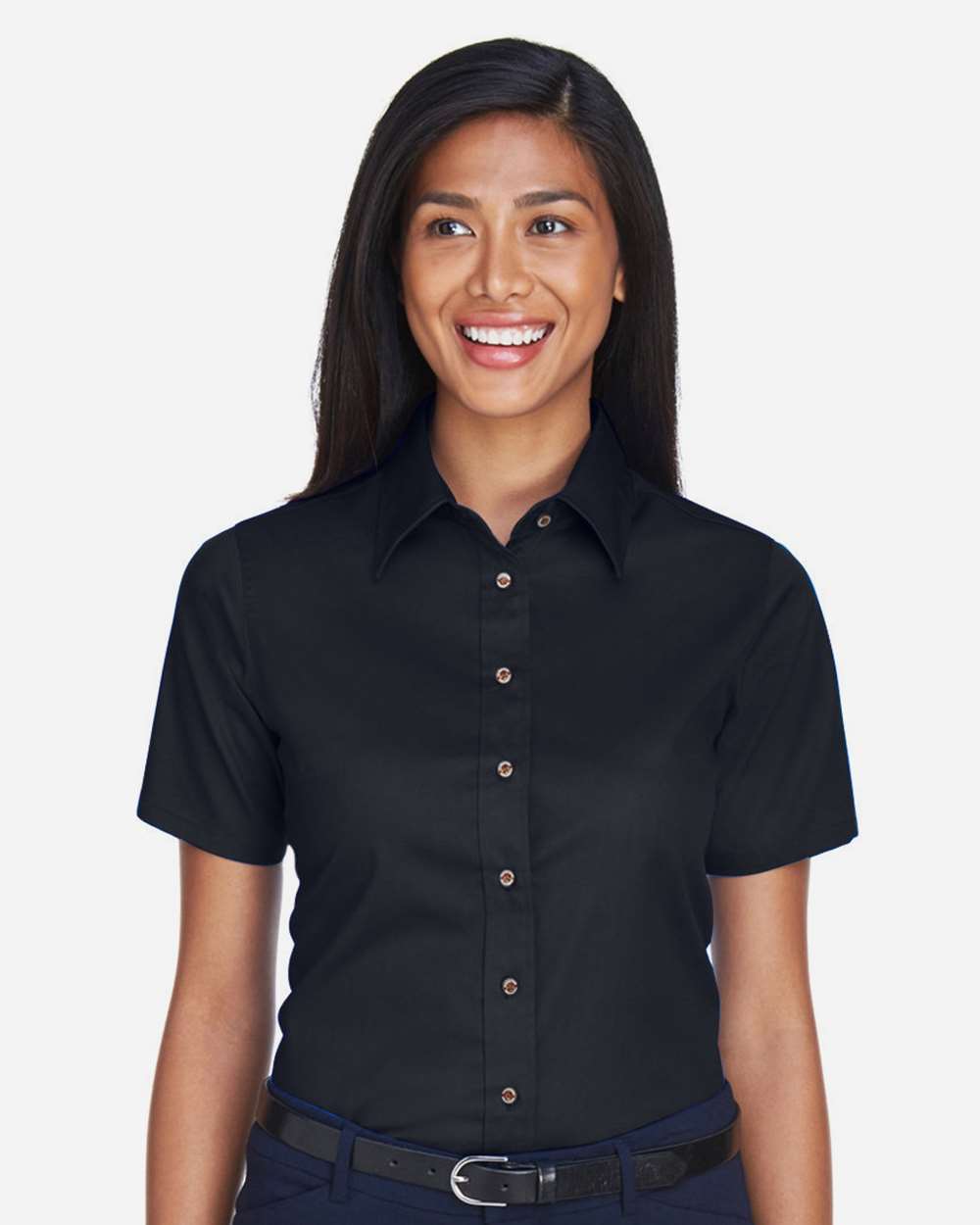 Harriton M500SW Women’s Easy Blend™ Short Sleeve Twill Dress Shirt with Stain-Release — Black