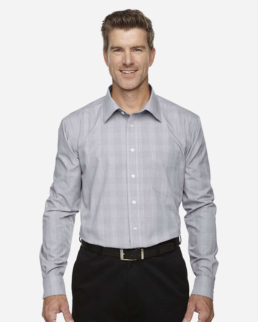 Devon & Jones DG520 Men’s Crown Collection® Glen Plaid Woven Dress Shirt — White/ Graphite/ Light Grey
