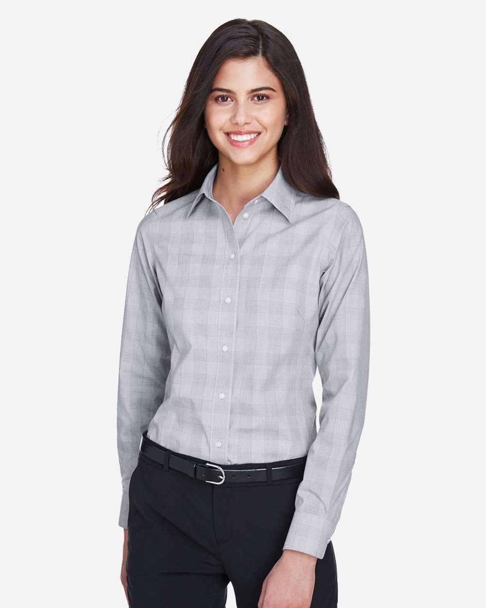Devon & Jones DG520W Women’s Crown Collection® Glen Plaid Woven Dress Shirt — White/ Graphite/ Light Grey