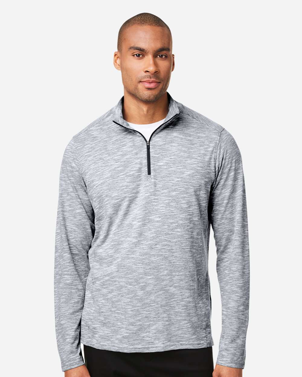 North End NE415 Men’s Eclipse Jacquard Quarter-Zip Pullover — Black Heather