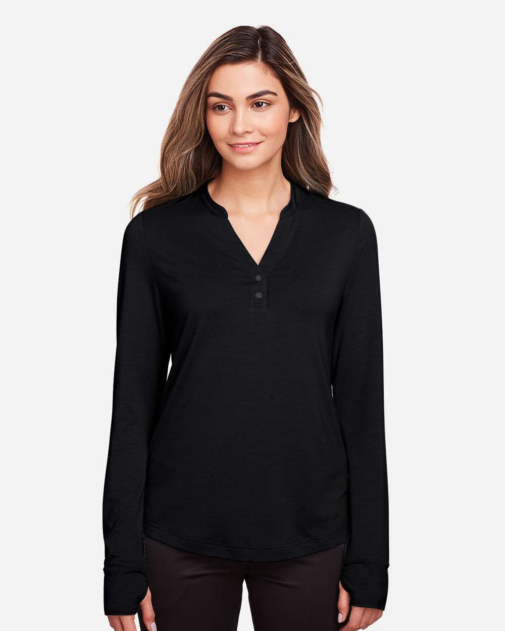 North End NE400W Women’s JAQ Stretch Performance V-Neck Snap Pullover — Black