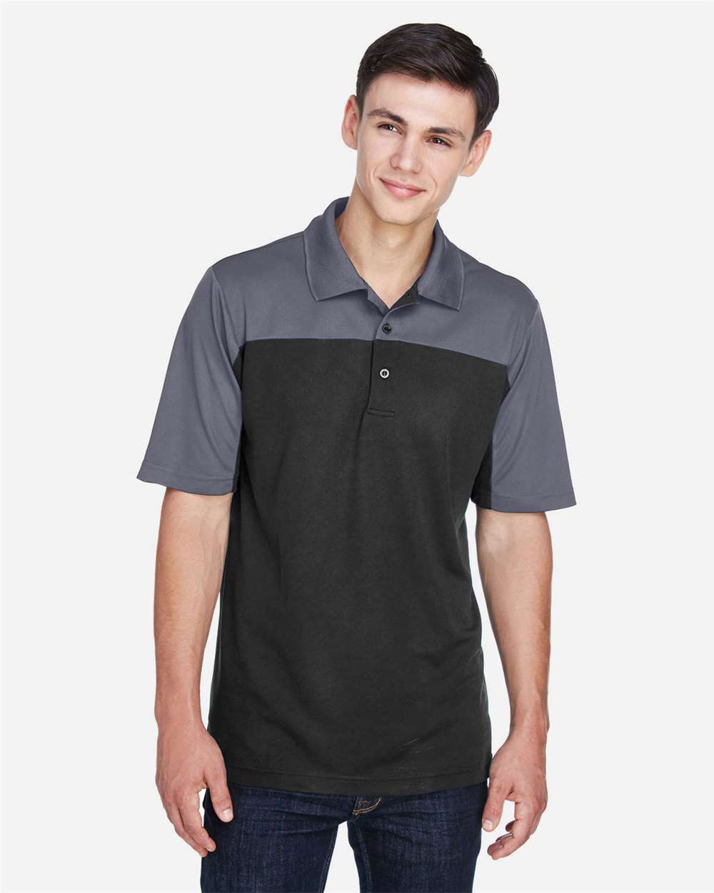 CORE365 CE101 Men’s Balance Colorblock Performance Piqué Polo — Black/ Carbon