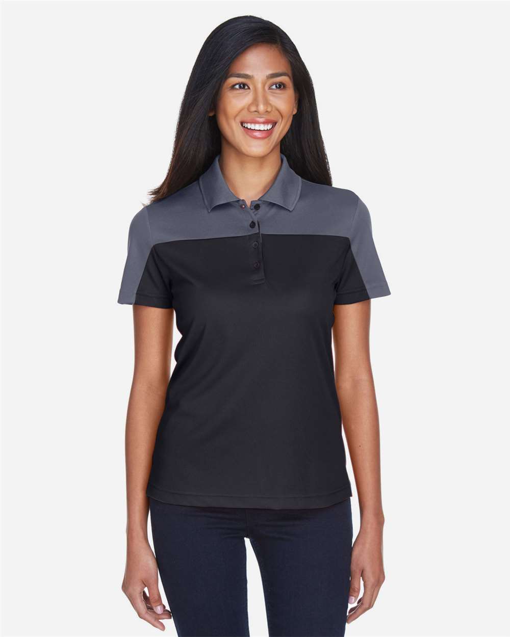 CORE365 CE101W Women’s Balance Colorblock Performance Piqué Polo — Black/ Carbon