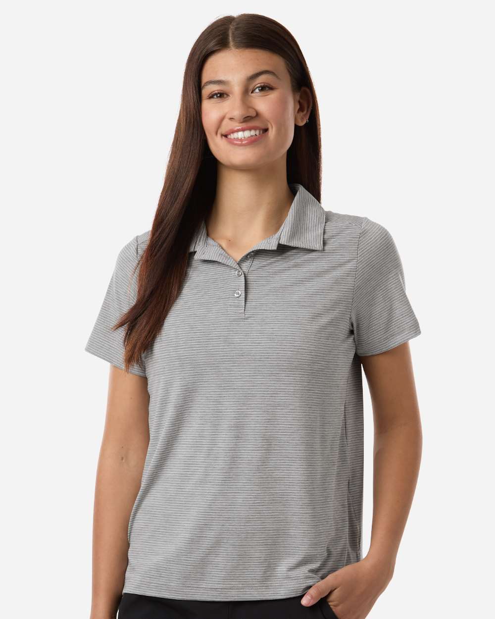 Team 365 TT125W Women’s Relay Heathered Stripe Polo — Athletic Heather/ White